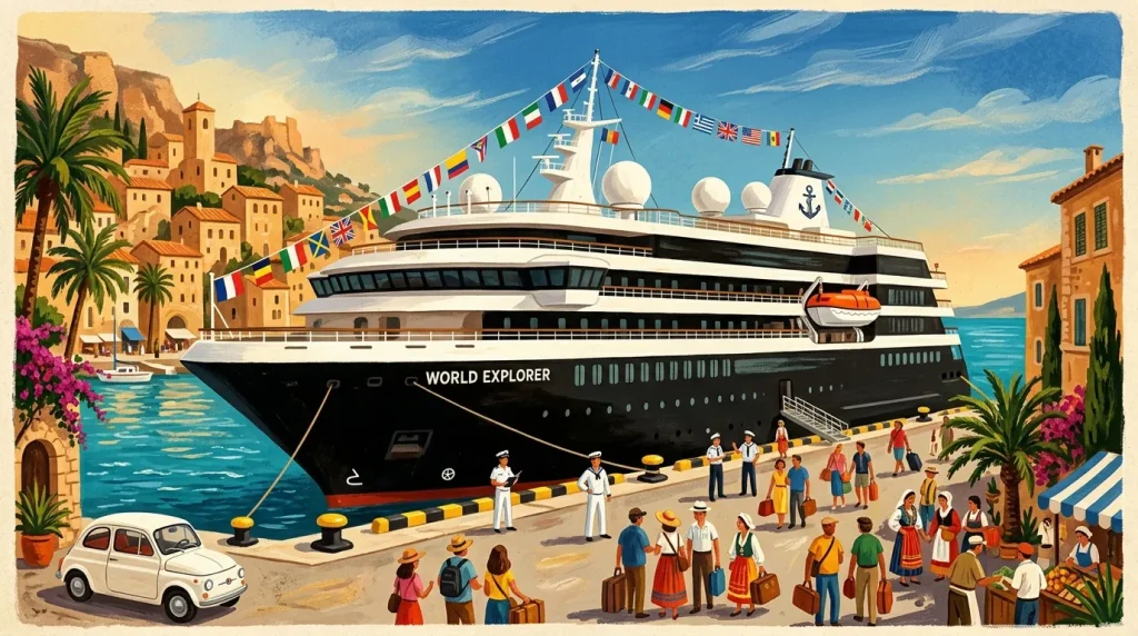 Navire de croisière World Explorer accueille des passagers dans port méditerranéen