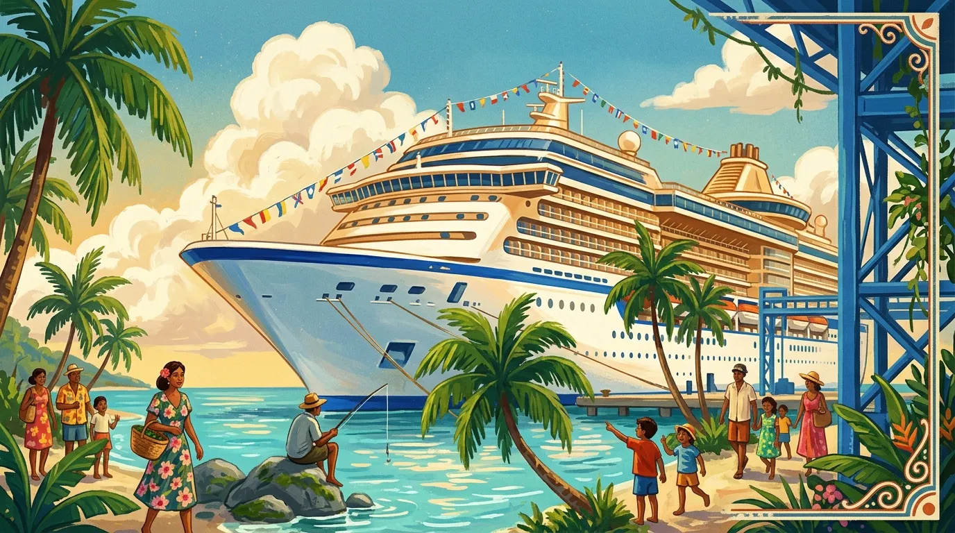 Navire de croisière luxueux dans port tropical avec habitants locaux