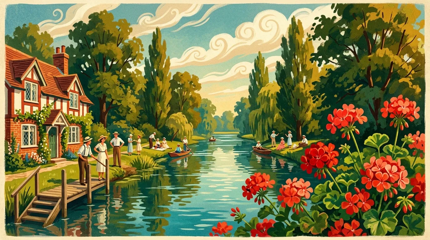 Maison champêtre au bord d'une rivière avec fleurs rouges