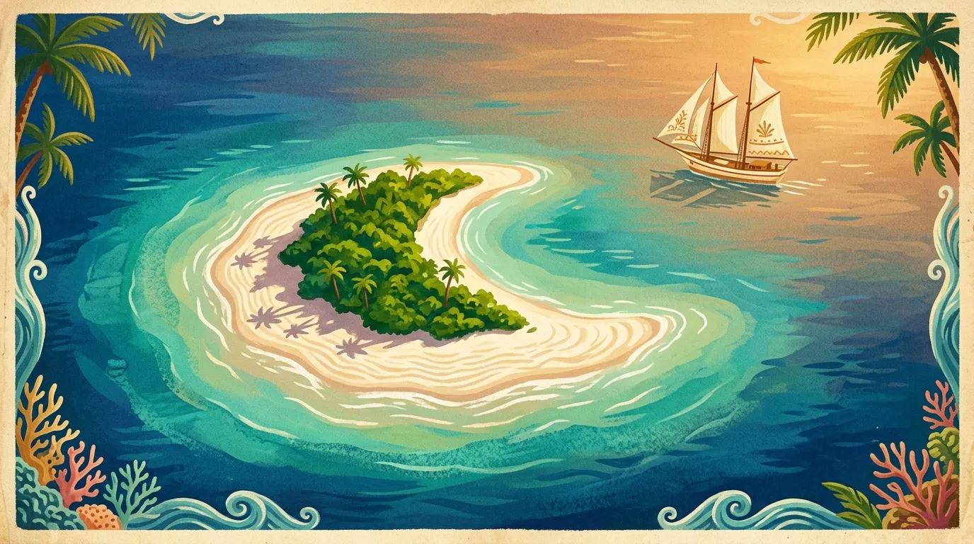 Île tropicale avec palmiers et voilier en mer turquoise