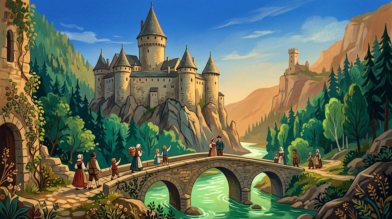 Château de contes de fées surplombant une vallée avec pont de pierre