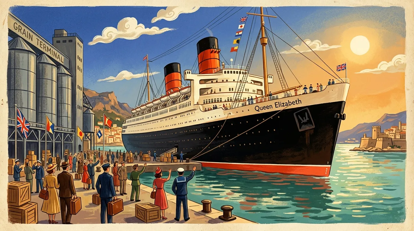 Navire Queen Elizabeth en dock avec passagers et grain terminal