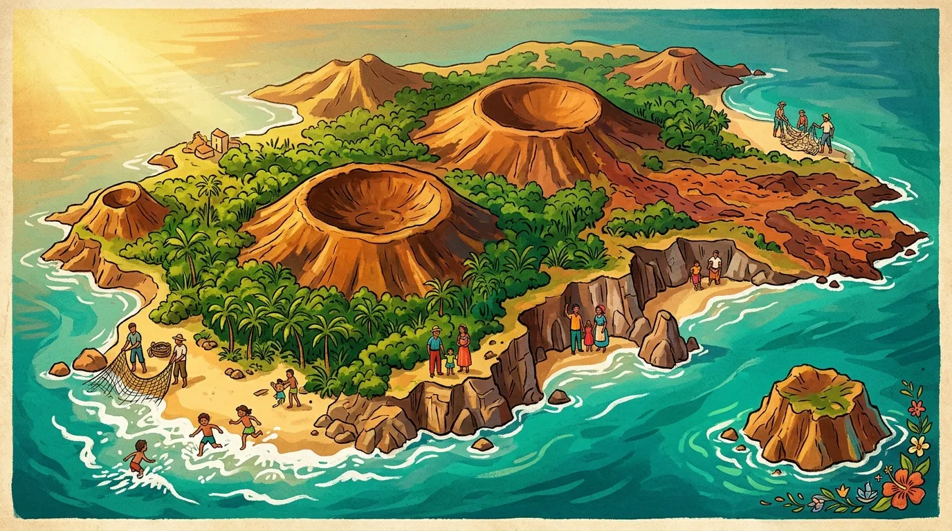 Île volcanique entourée d'eau avec volcans, végétation et habitants
