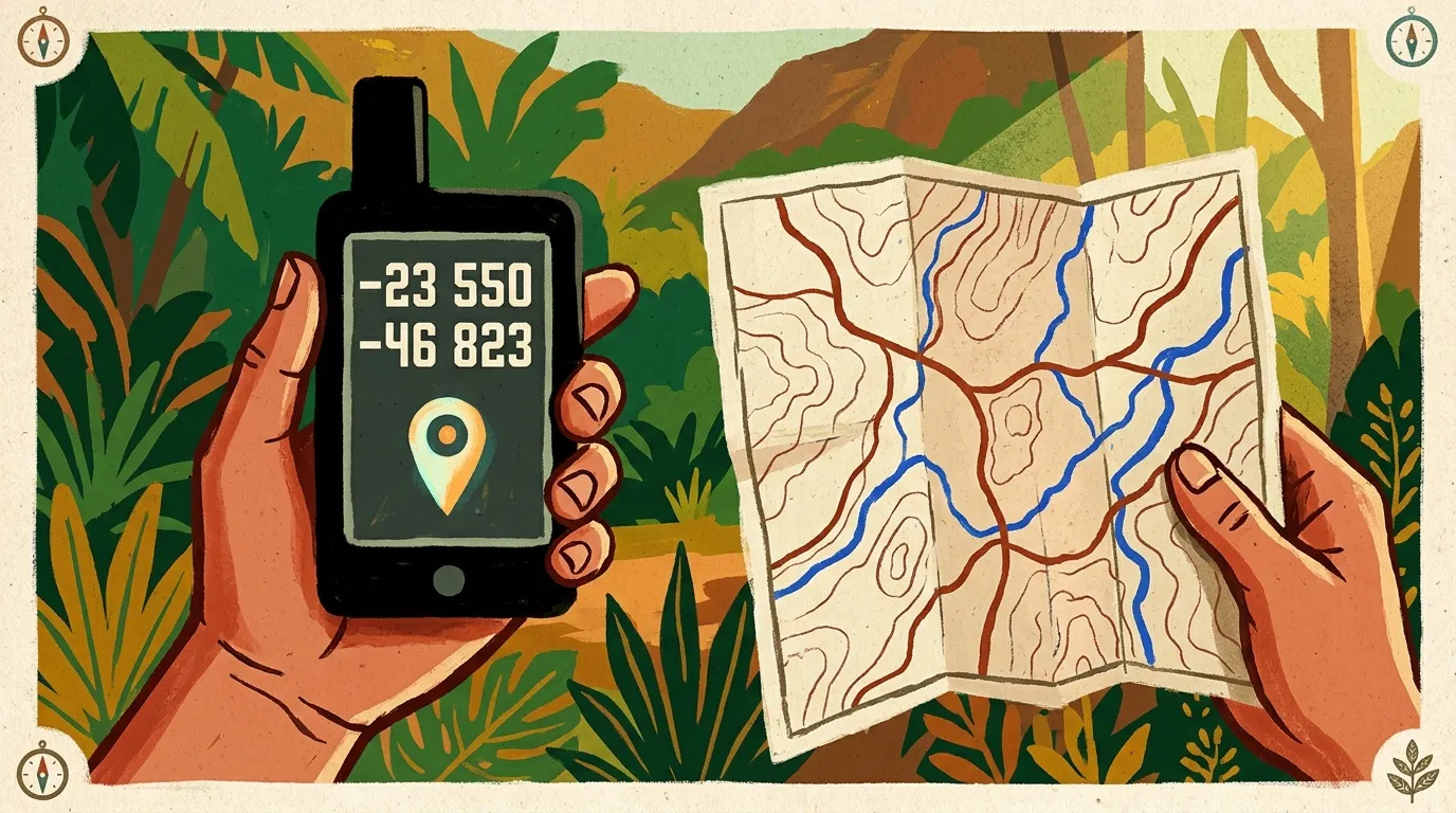 Mains tenant GPS et carte topographique en forêt