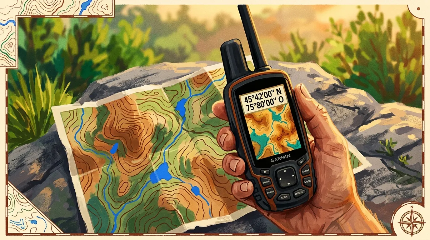 Main tenant un GPS Garmin affichant coordonnées sur carte topographique