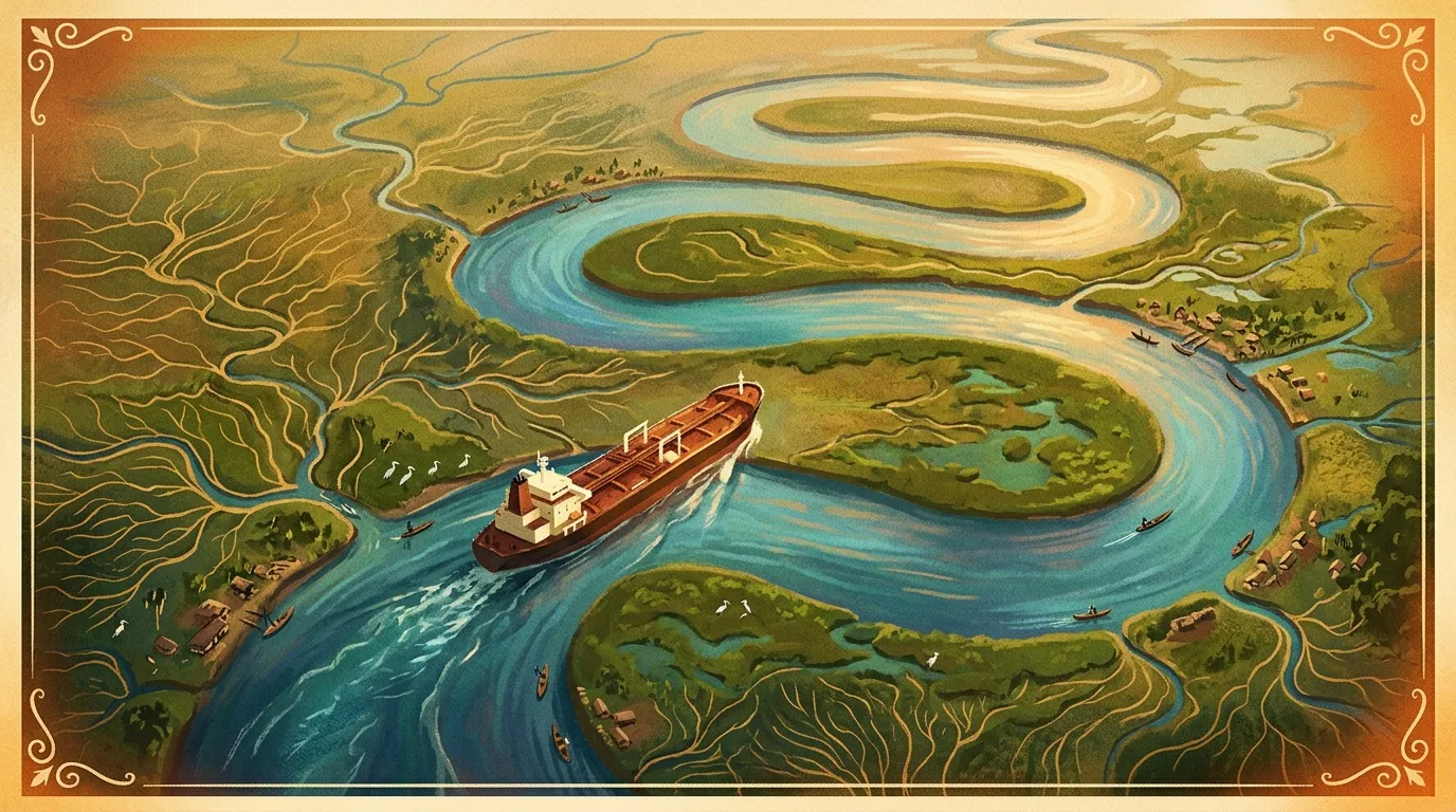 Vue aérienne d'un cargo naviguant dans un fleuve sinueux avec villages côtiers