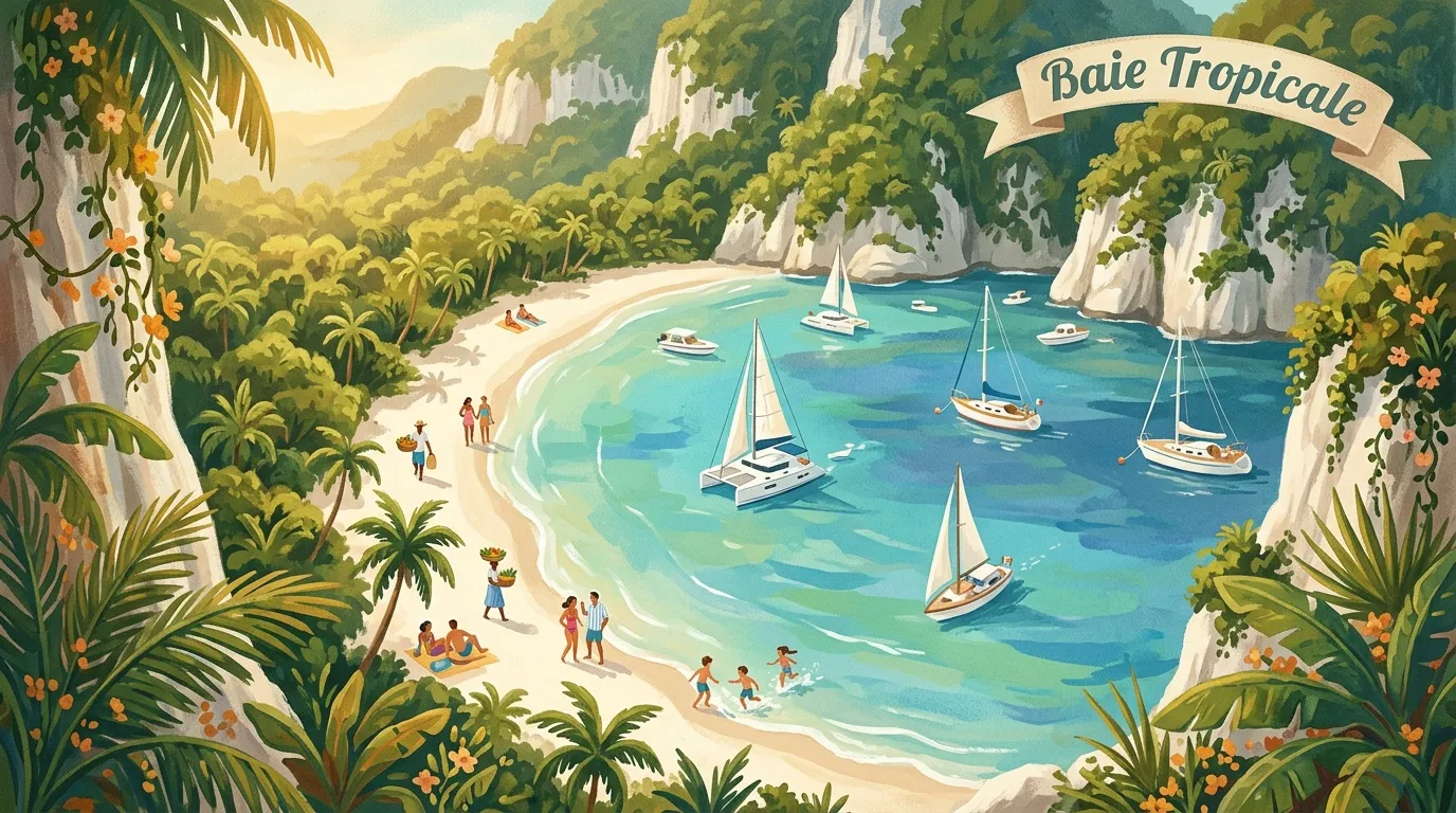 Baie tropicale idyllique avec plage, voiliers et falaises blanches