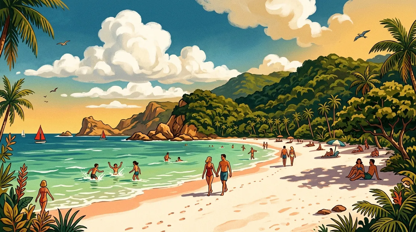 Plage idyllique avec baigneurs, palmiers et voiliers colorés