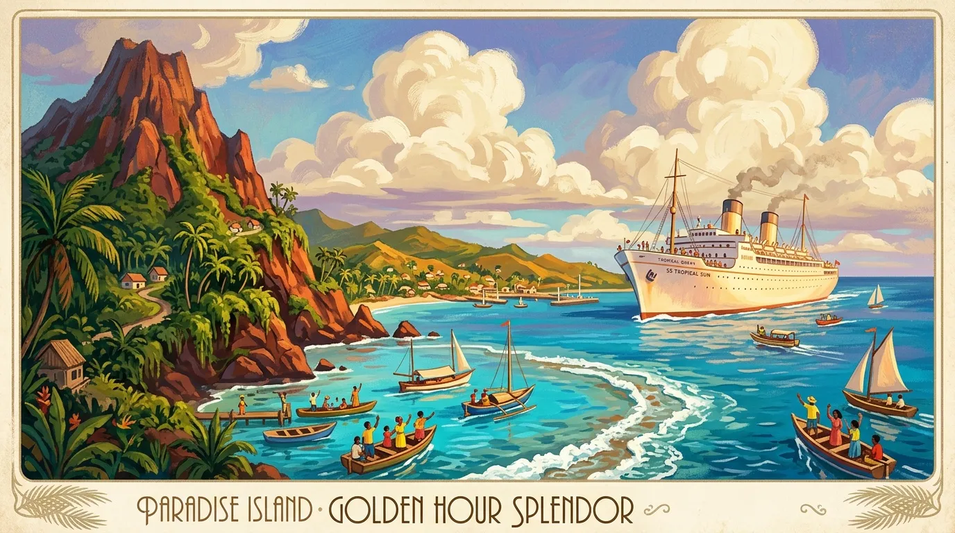 Paquebot vintage abordant île tropicale avec bateaux locaux