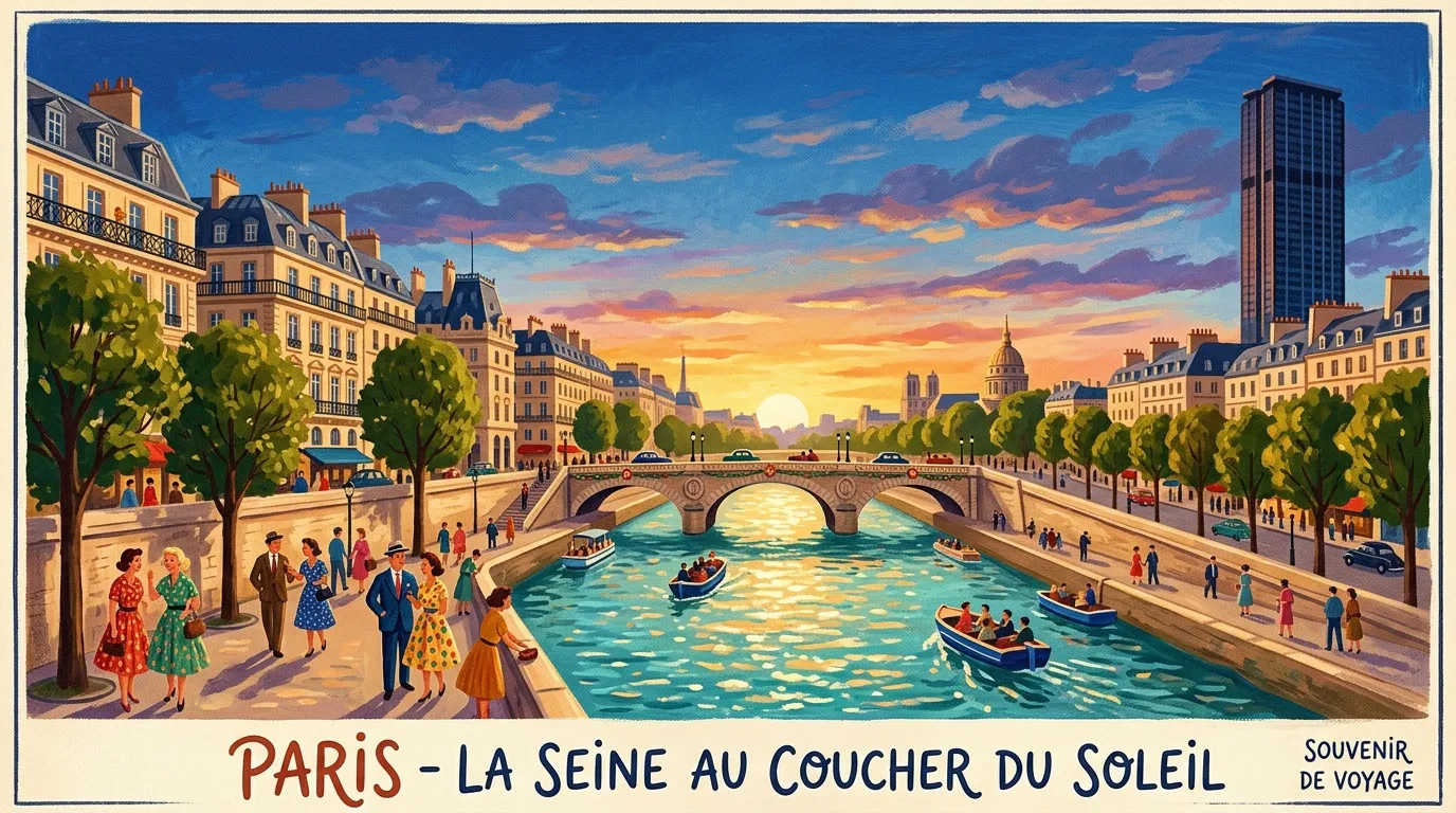 Vintage poster de Paris avec la Seine et monuments iconiques
