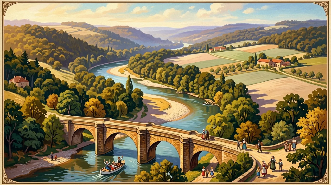 Pont en pierre enjambant rivière dans paysage vallonné boisé