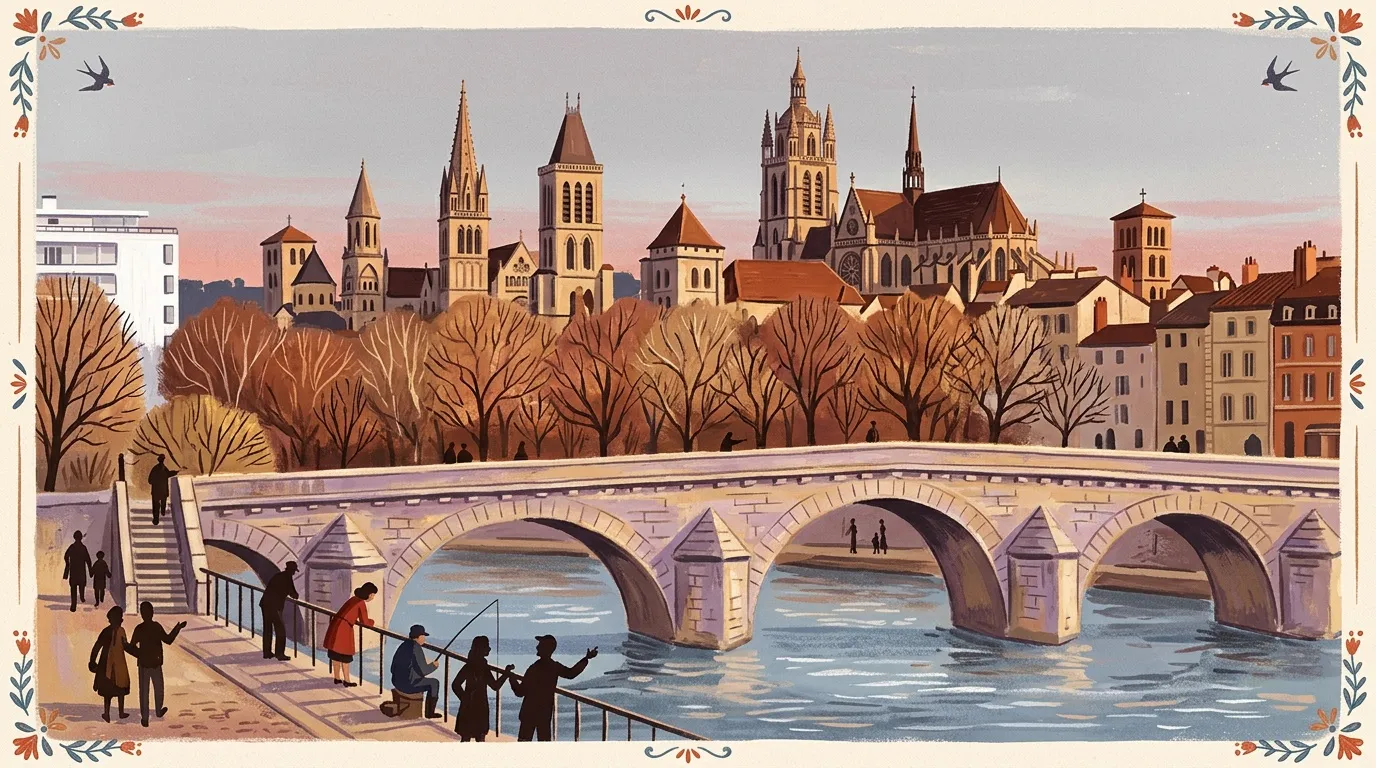 Illustration d'un pont de pierre enjambant une rivière avec cathédrales gothiques en arrière-plan