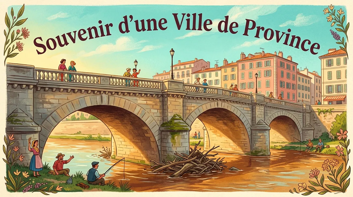Pont de pierre ancien sur rivière avec bâtiments provinciaux colorés