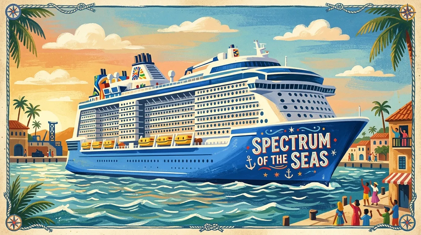 Grand paquebot bleu moderne dans port tropical méditerranéen animé