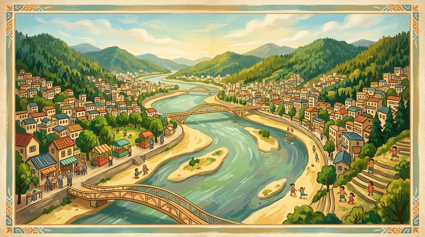 Illustration d'une vallée montagnarde avec rivière, villages et ponts en bois.