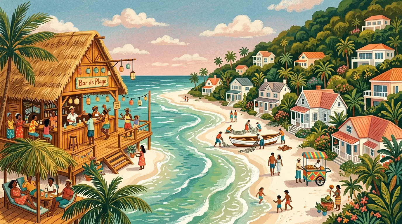 Plage tropicale avec bar, maisons colorées, habitants et bateaux