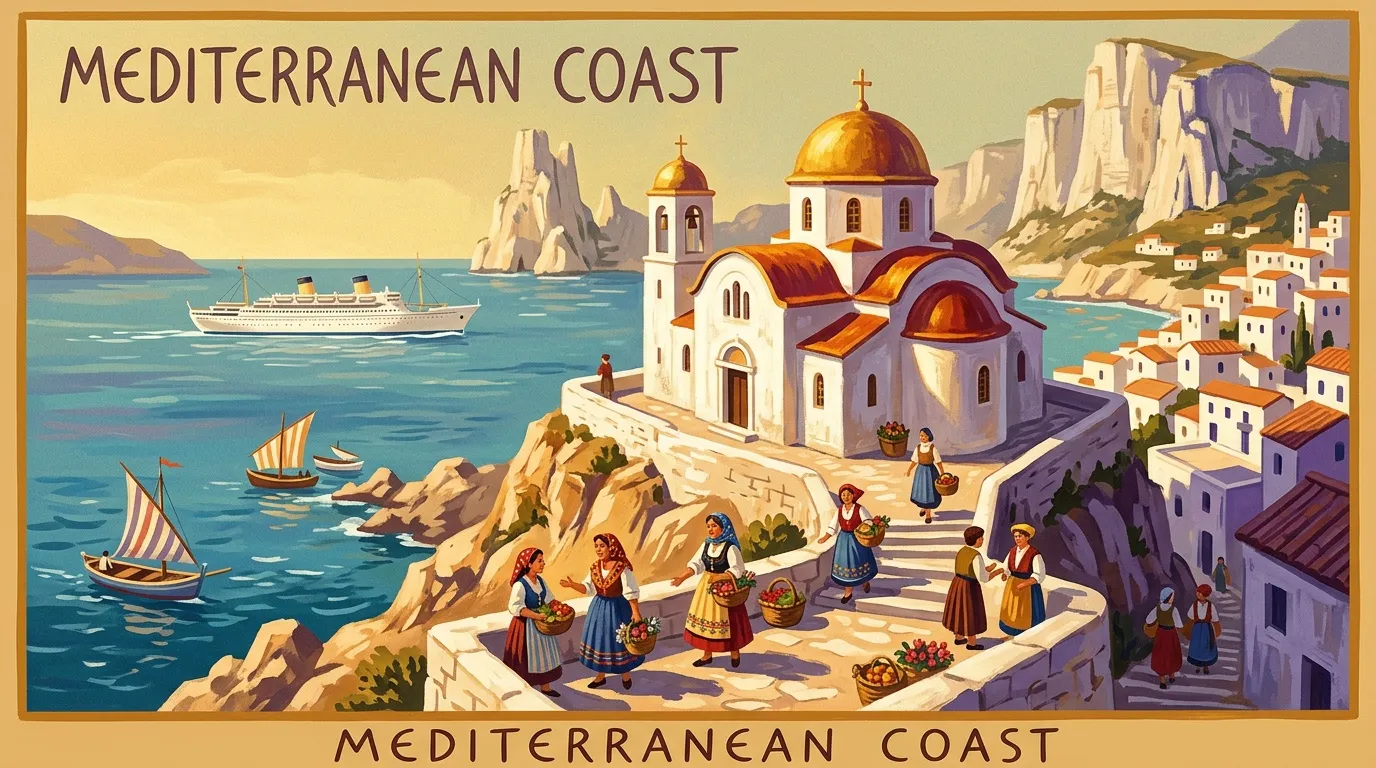 Église orthodoxe, villageois et bateaux sur côte méditerranéenne pittoresque