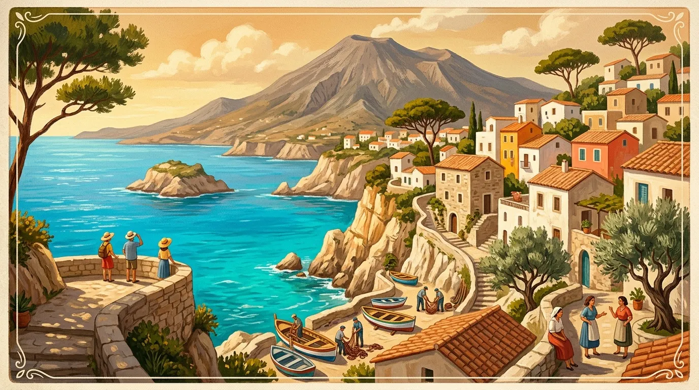 Village coloré au bord de la mer avec montagne volcanique