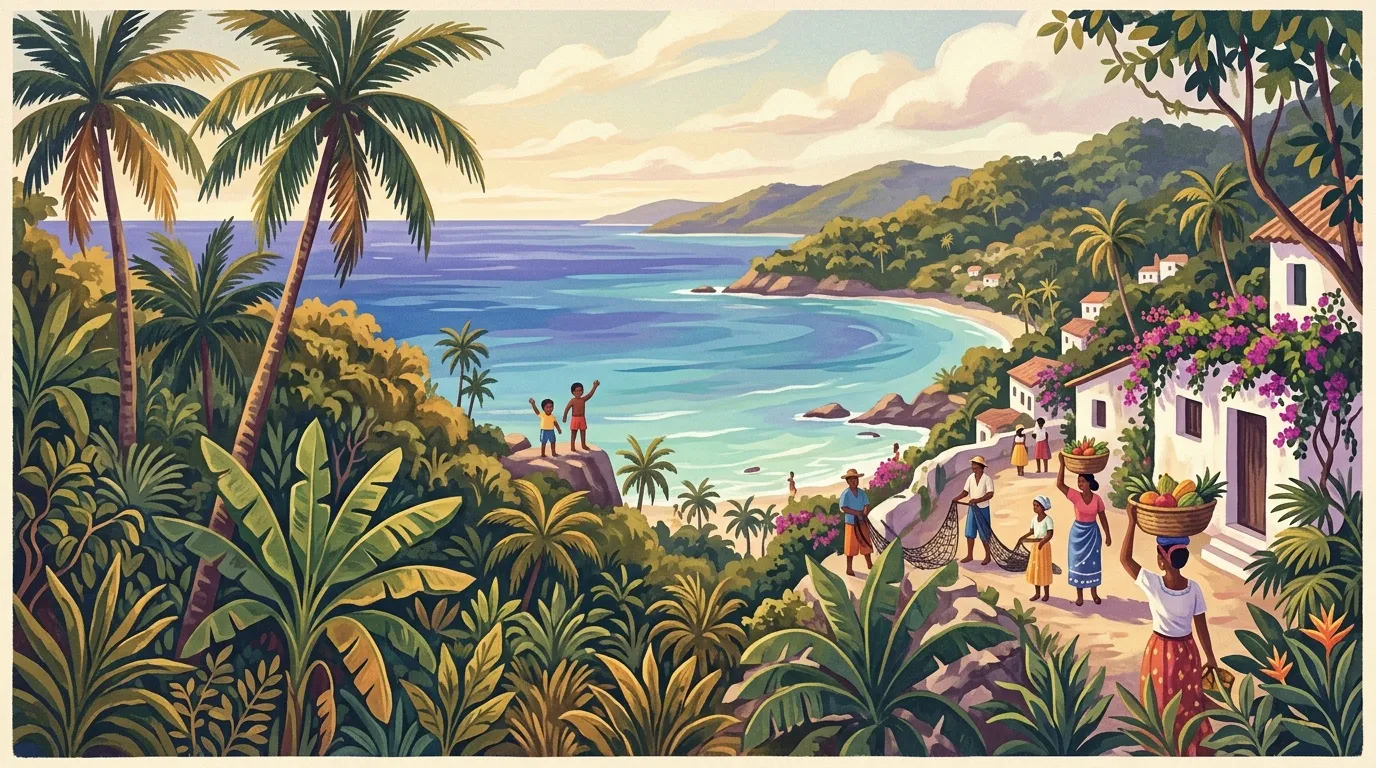Communauté côtière tropicale avec plage, maisons colorées et végétation luxuriante