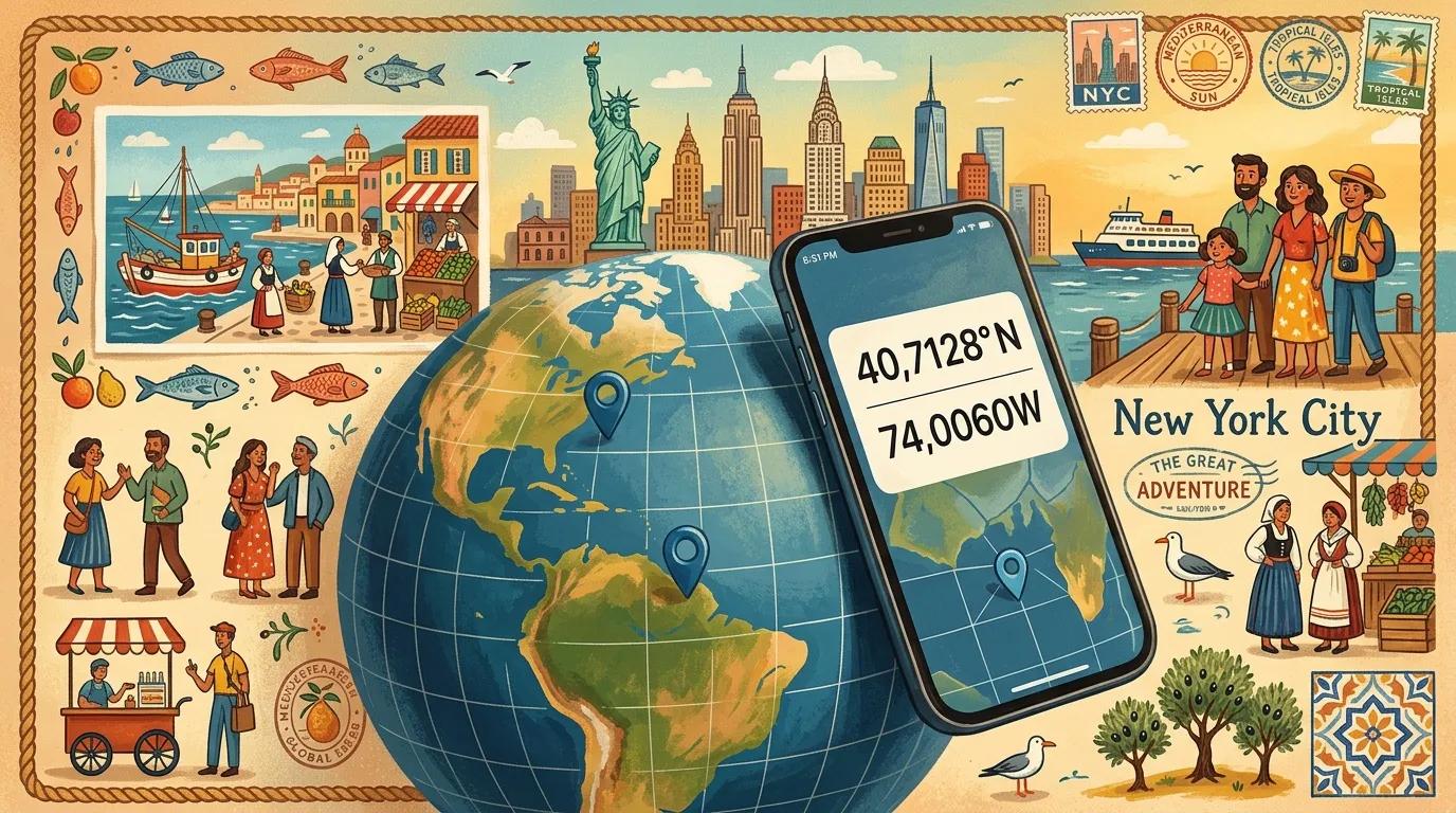 Globe terrestre avec coordonnées GPS pointant vers New York City
