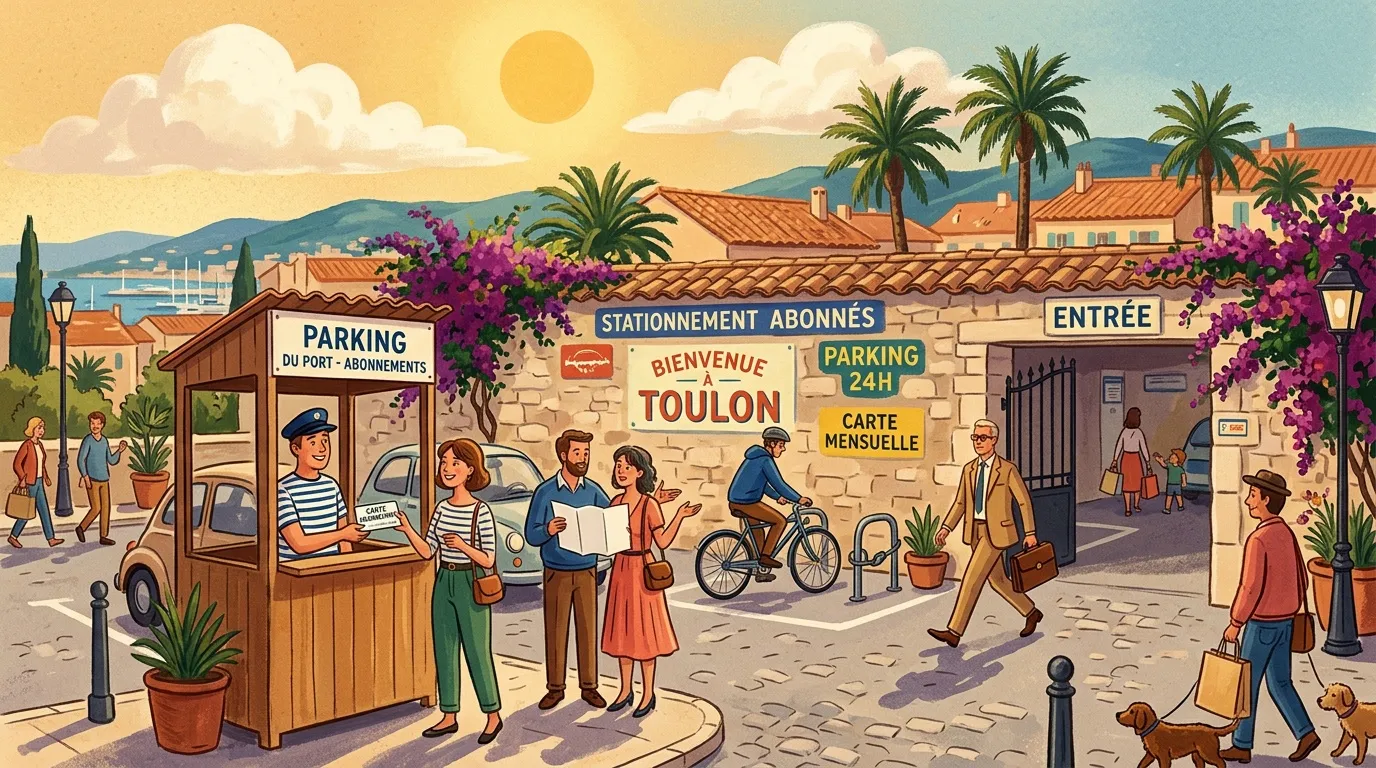 Illustration colorée d'une scène de parking à Toulon avec habitants