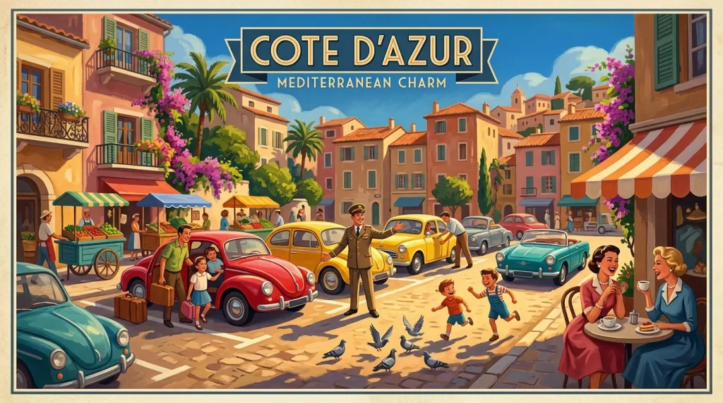 Place ensoleillée avec voitures vintage et vie quotidienne méditerranéenne