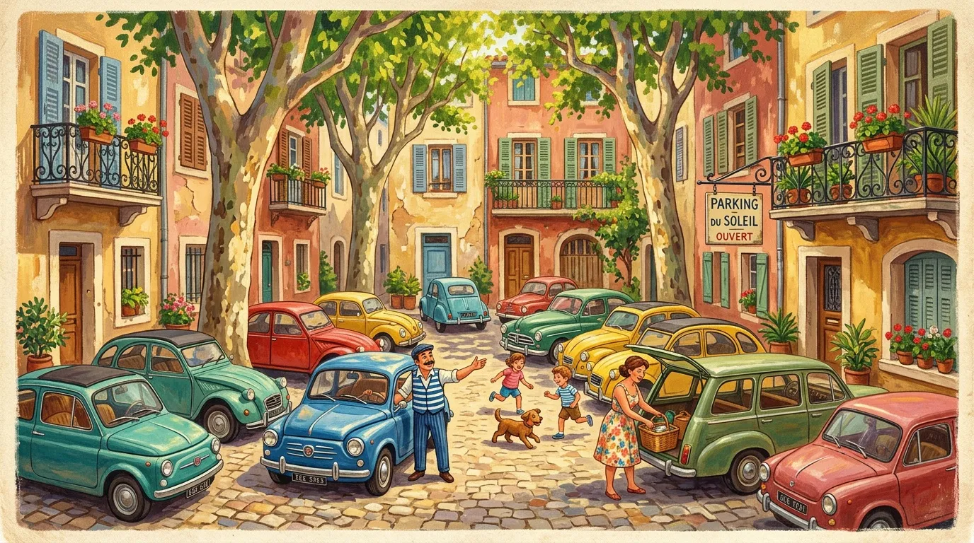 Place pavée méditerranéenne avec voitures vintage et familles