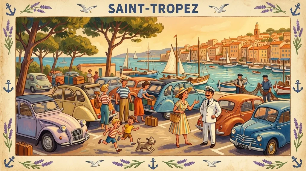 Scène vintage bord de mer avec voitures, familles et bateaux