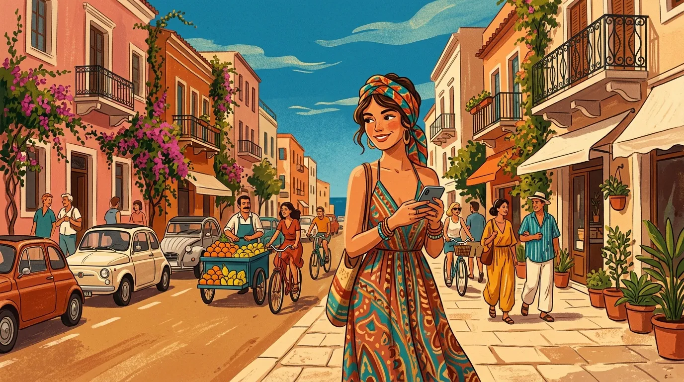 Femme dans une rue méditerranéenne ensoleillée avec buildings colorés