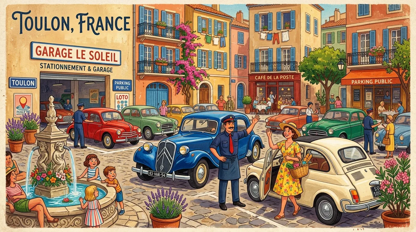 Scène animée du parking vintage à Toulon avec voitures classiques et habitants