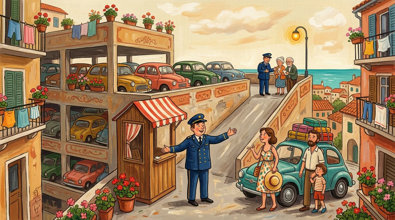 Scène vintage d'une ville côtière avec voitures, touristes et agent de police.