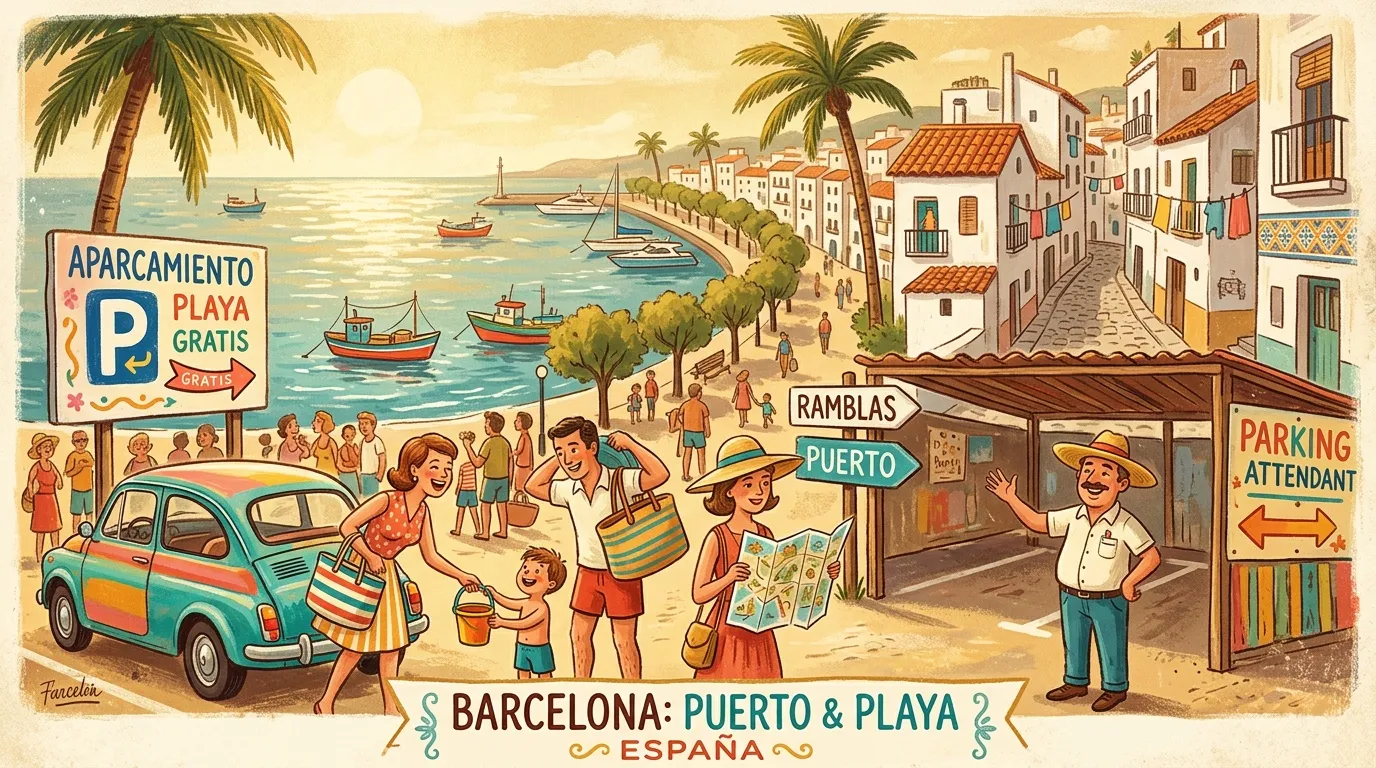 Illustration vintage famille plage Barcelona parking gratuit