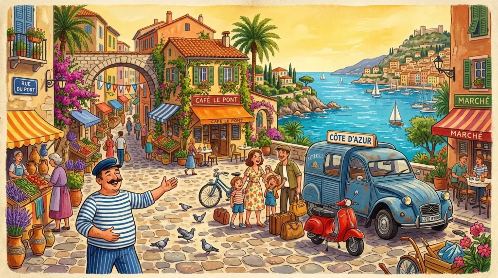 Illustration colorée d'un village méditerranéen avec famille en vacances.