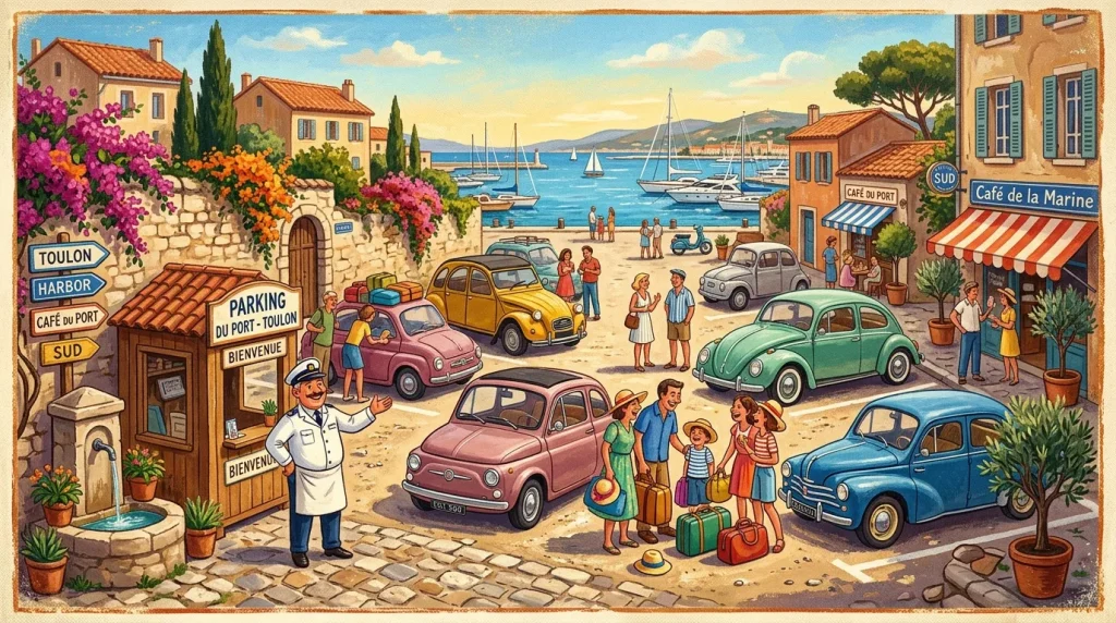 Port méditerranéen animé avec voitures vintage et vacanciers