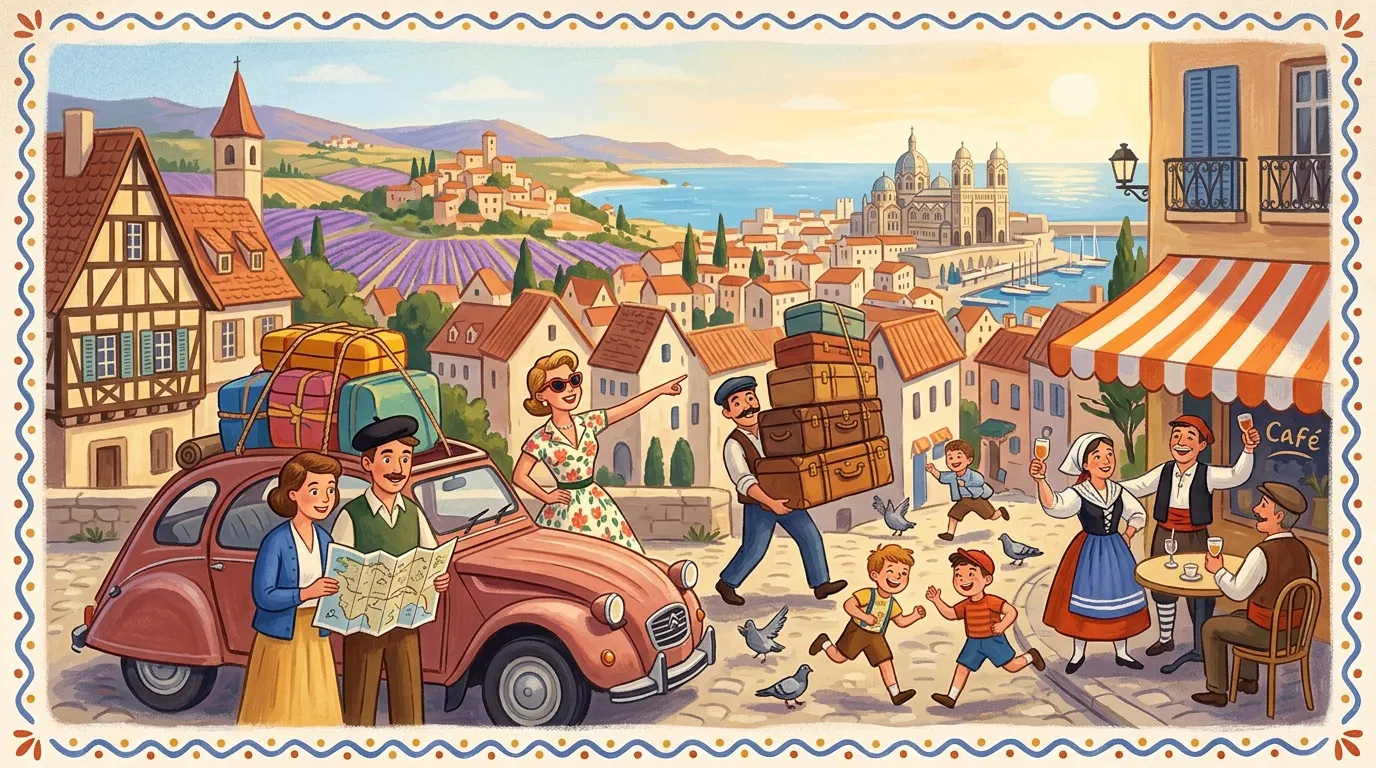 Famille en voiture vintage devant un village méditerranéen pittoresque
