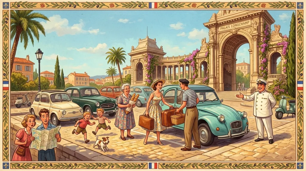 Famille heureuse devant le Palais Longchamp avec voitures vintage