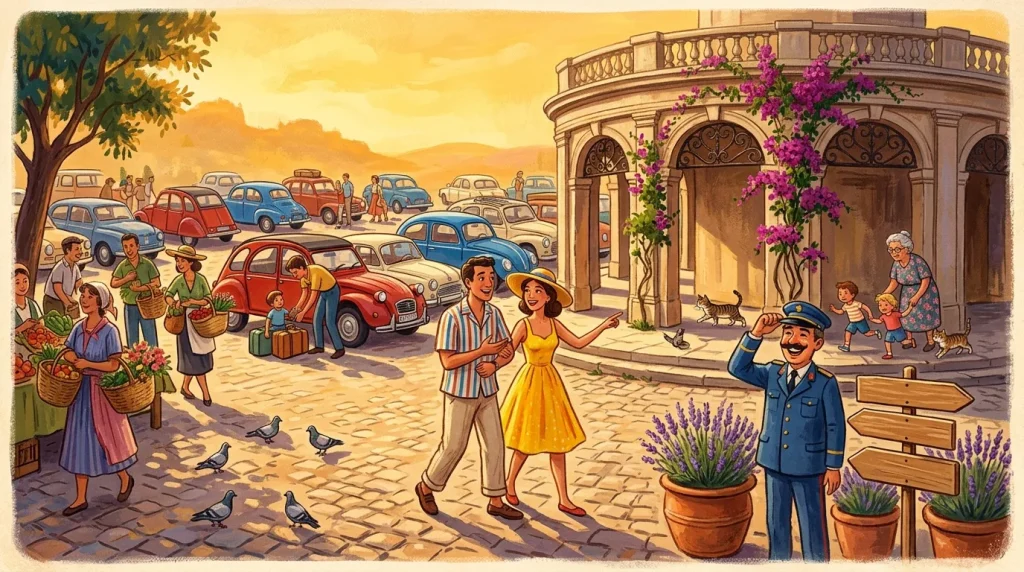 Scène animée d'une place publique avec voitures, habitants et architecture coloniale.