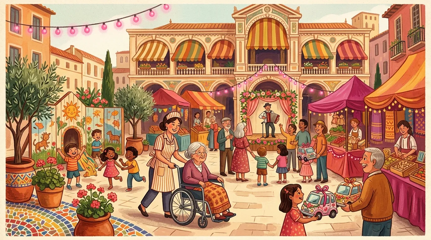 Illustration d'une fête communautaire festive dans une belle place méditerranéenne.