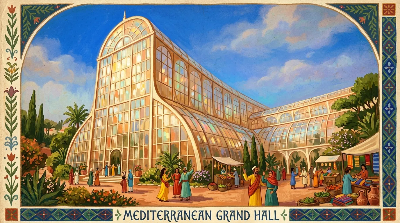 Illustration d'une serre ornementale avec foule et marché