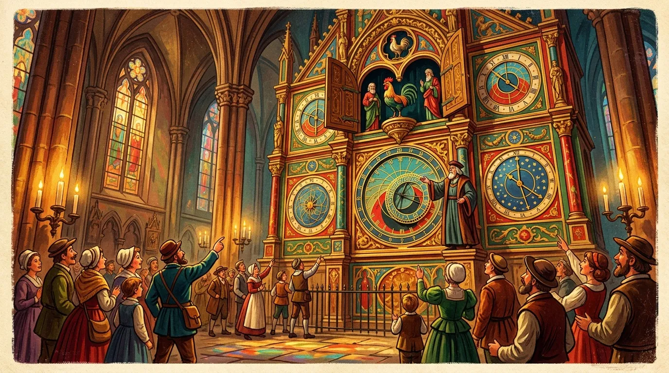 Foule admirant une grande horloge ornée dans une cathédrale gothique.