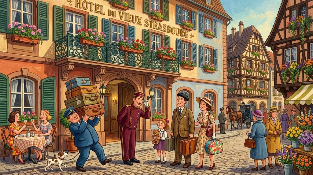 Scène animée devant un hôtel alsacien avec voyageurs et porteur de bagages.
