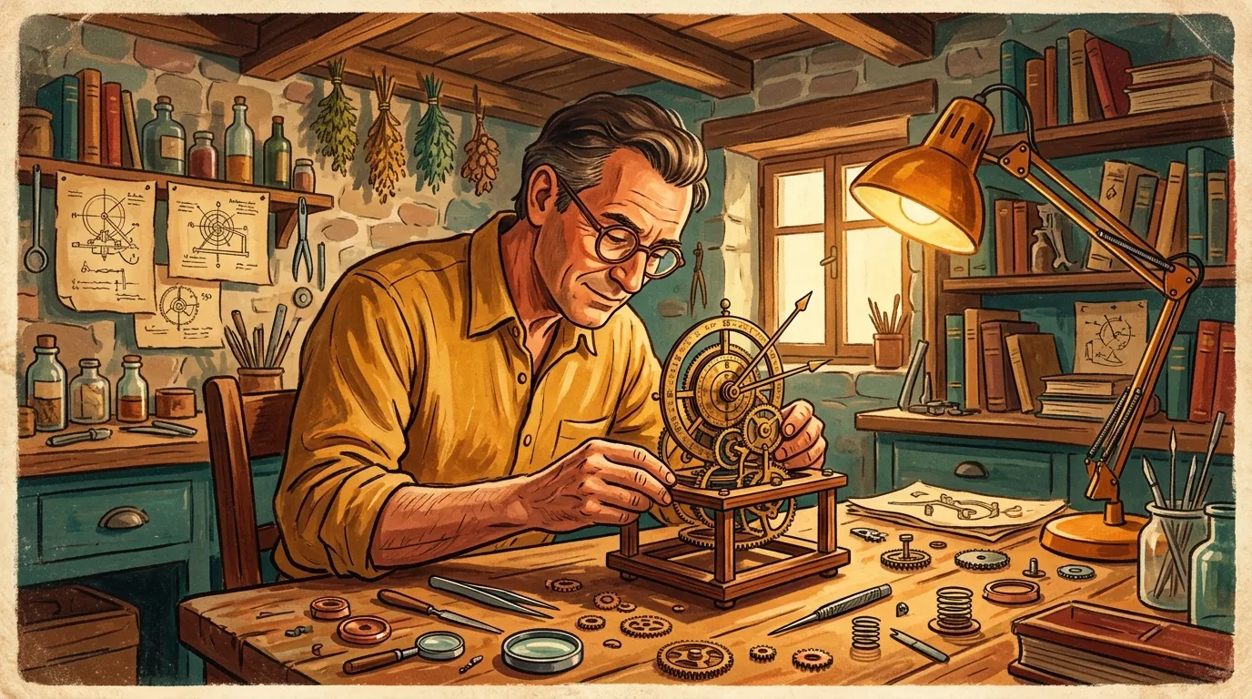 Inventeur travaillant sur mécanisme d'engrenages dans atelier