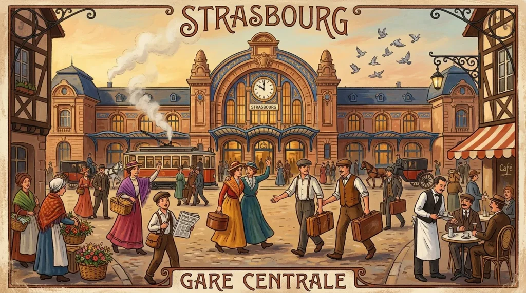 Illustration vintage de la Gare Centrale de Strasbourg avec voyageurs