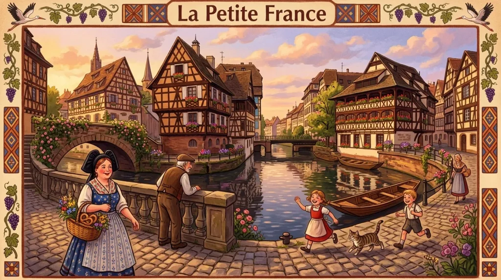 Scène de village alsacien avec maisons à colombages et canal