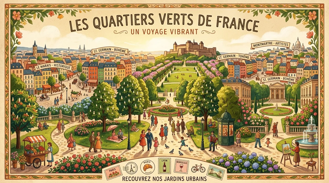 Illustration vintage des jardins urbains parisiens avec monuments et habitants