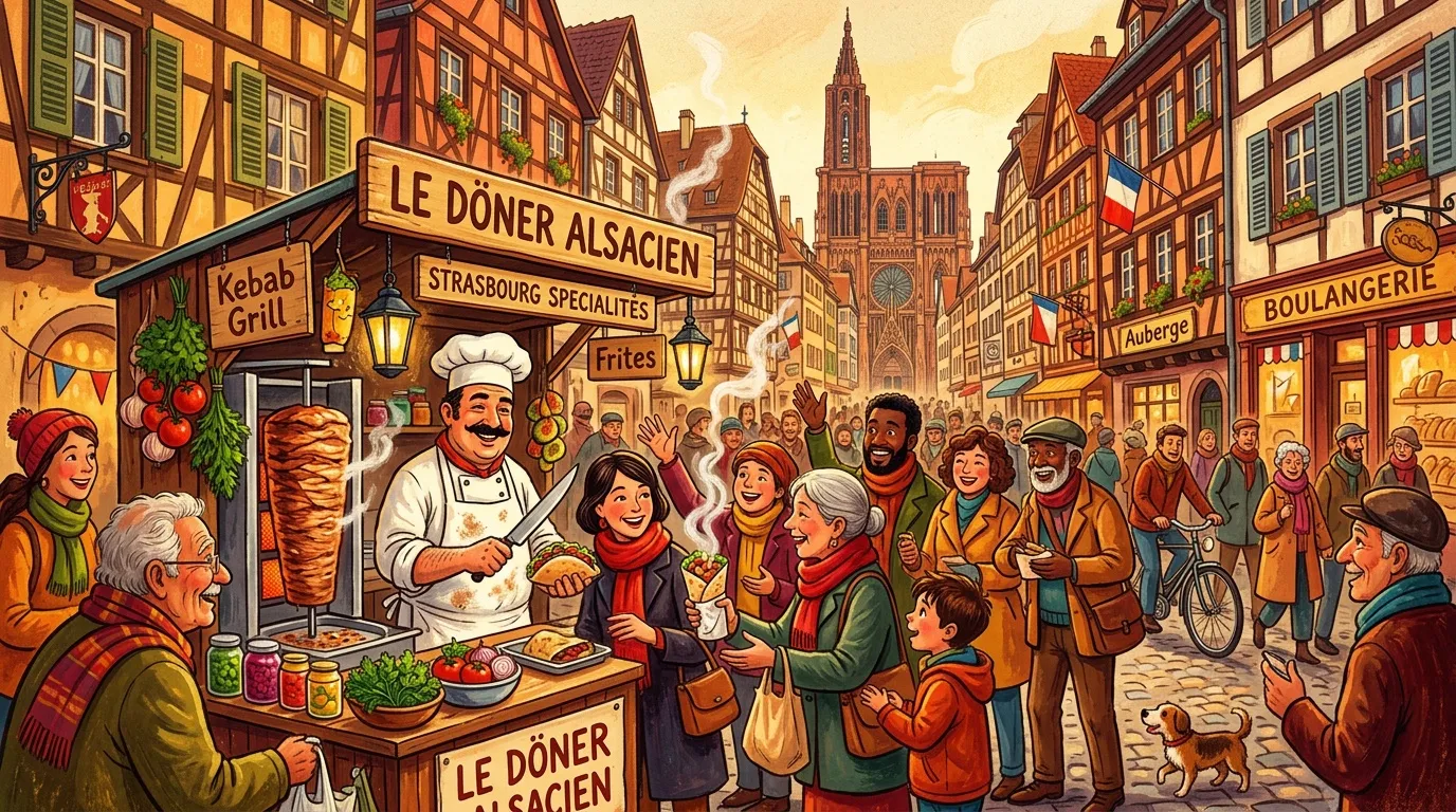 Scène de rue colorée avec vendeur de kebab et foule joyeuse