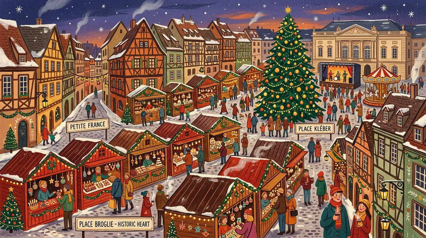 Marché de Noël traditionnel avec chalets, sapin géant et foule joyeuse