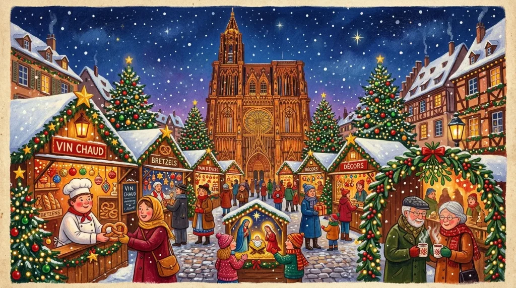 Marché Noël traditionnel avec cathédrale, chalets décorés, famille