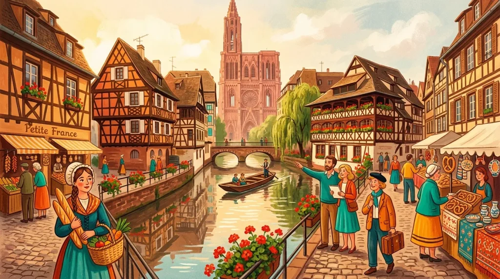 Illustration village alsacien avec cathédrale, marché et canal