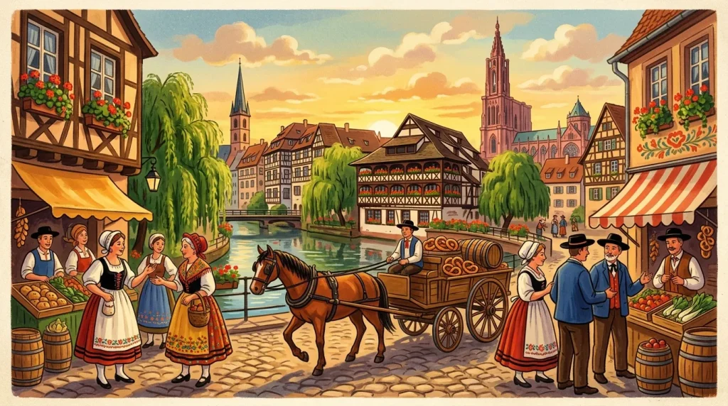 Scène de marché traditionnel bavarois avec chevaux et architecture à colombages